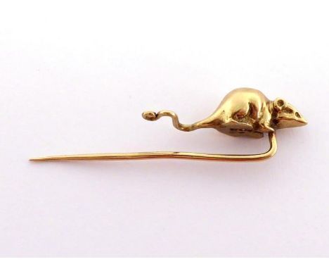 A 9 carat gold stick pin, the finial modelled as a rat, fully hallmarked, 5cm long, 5.1gms CONDITION: good. Slight bend at th