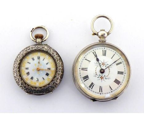 Two early 20th century silver fob watches, each with decorated enamel dials, engraved four piece cases and bar cylinder movem