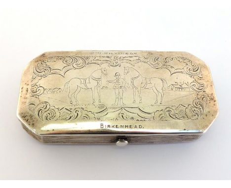 A Dutch silver tobacco box, 1862, octagonal with cut corners, cover engraved with a groom in 18th century costume holding the