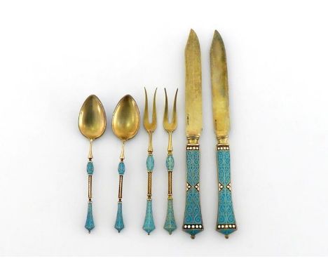Two Norwegian turquoise enamel and silver-gilt coffee spoons, two fruit knives and two lemon forks all en suite, by David-And