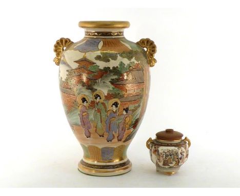 Two Japanese Meiji period Satsuma earthenware, Vase in baluster shape with two handles, and painted and gilt high-lighted wit