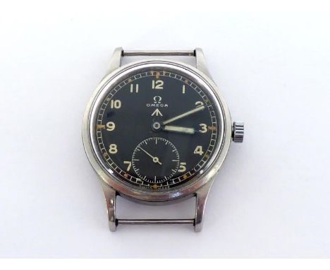 OMEGA, a stainless steel British military issue manual wind wrist watch, circa 1940, the black dial with luminous Arabic nume
