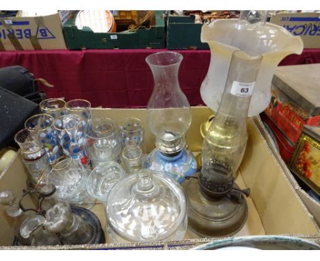 Brass oil lamp, glasses, cruet etc. 