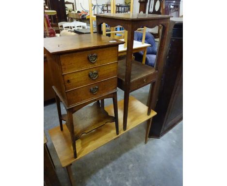 An oak three drawer over shelf cabinet, jardiniere and a retro coffee table