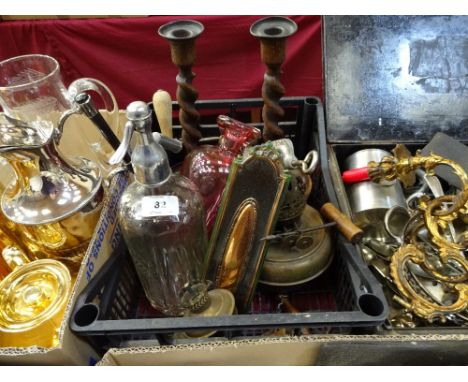 Barley twist candlesticks, soda syphon, grinder, oil lamp etc.