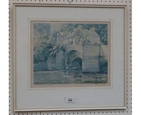 A framed and mounted Spencer Ford print with hand written 'Ludford Bridge Ludlow' and signed R A Spencer Ford bottom right, 3