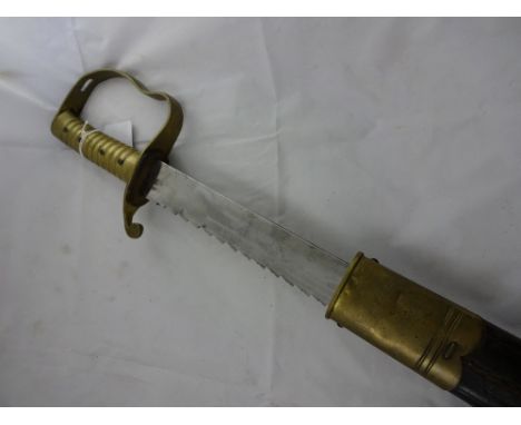 A cutlass with brass mounts and leather scabbard, 72cm