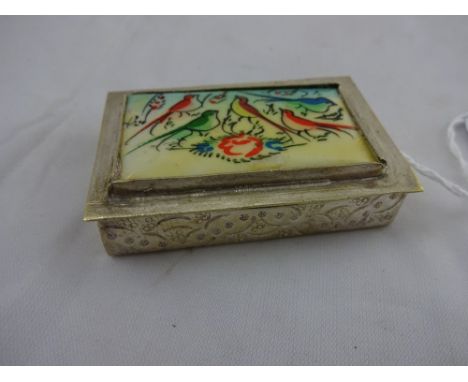 A silver Indian snuff box with multi coloured song birds to lid