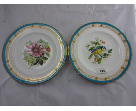 Two hand painted cabinet plates with turquoise and gilt borders to floral and bird centres, Minton 1871