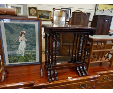 Tapestry fire screen, string inlaid nest of three tables and a tile top magazine rack