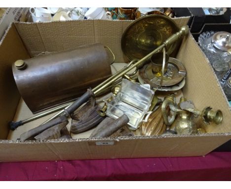 Metalware to include flat irons, fire companion set, candlestick etc.