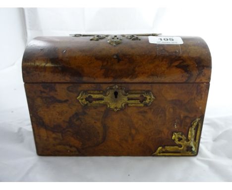 A walnut tea caddy with brass mounts, original inner lids, dome top