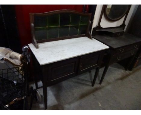A marble top tile back cupboard washstand with rail