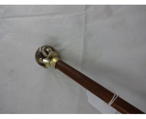 A late Victorian swagger or parade cane, maple shaft and molded variegated ball ceramic knop, 71cm