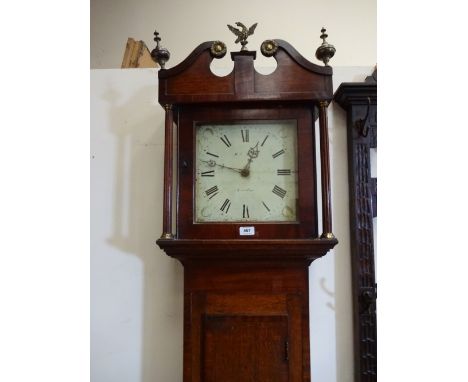 An oak crossbanded mahogany long case clock, square dial inscribed Payne Ludlow, bracket feet, eagle pediment, urn finials