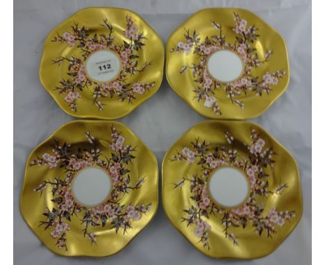 Four coalport plates with gilt borders and flowers and blossom decoration, 17cm diameter
