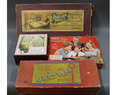 A group of parlour &amp; board games, consisting of an Edwardian "Parlour Tennis" popular society game, a Merit 'Popular Roul