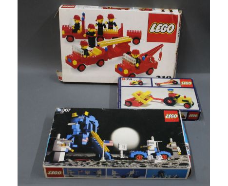 3 vintage boxed Lego sets: A Moon Landing set (367), A Gear Farm set (814), and a firemen set (218)