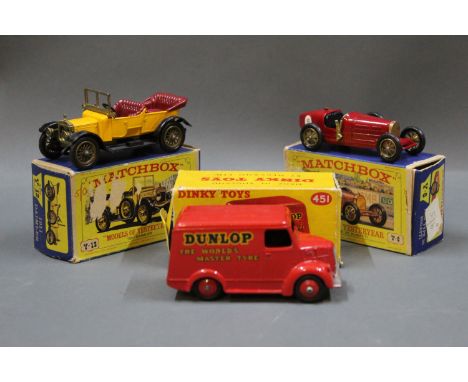 A group of 3 Matchbox and Dinky diecast models, consisting of a Trojan 15 CWT van "Dunlop" (451), a Models of Yesteryear 1926