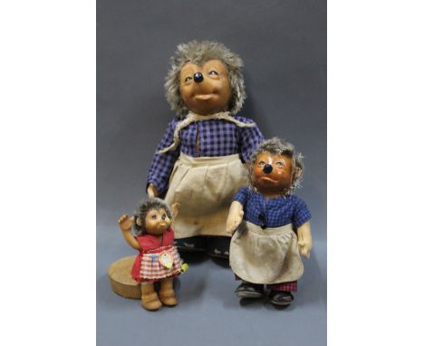 A group of 1950's/60's Steiff hedgehogs: a "Micki" lady hedgehog, measuring 30cm tall, another "Micki" lady hedgehog, measuri
