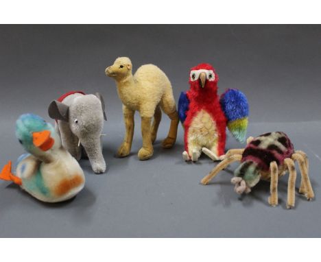 A group of 5 1950s-70s Steiff animals, all without buttons: "Spidy" spider, Elephant, Dromedary, a multi coloured "Playduck",