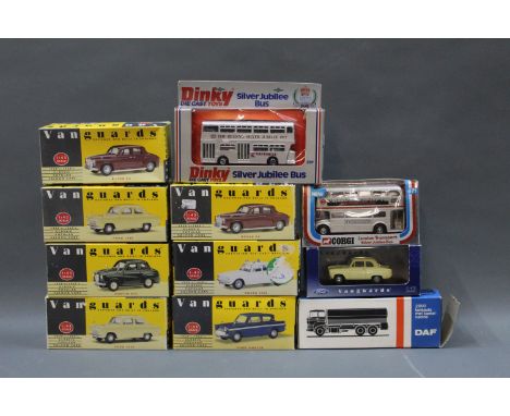 A group of 8 Vanguards 1:43 scale Ford and Classic Popular saloon cars diecast models, a Dinky and Corgi Silver Jubilee bus, 