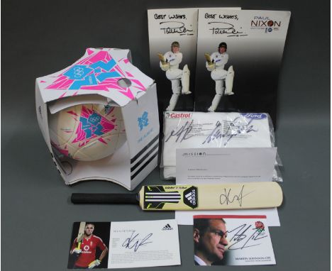 A group of miscellaneous signed sporting memorabilia to include a miniature cricket bat signed by Kevin Pietersen, "The Alber