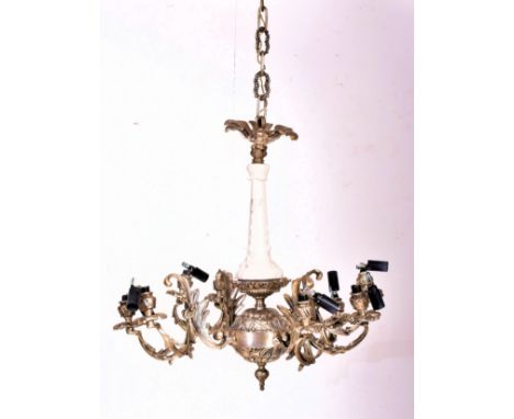 A mid century Italian chrome and ceramic four branch chandelier electrolier. The pendent ceiling light featuring floral mount
