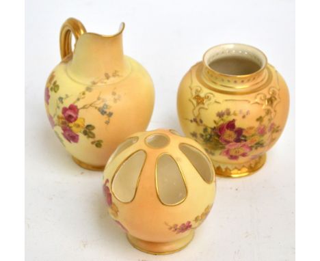 Three pieces of Royal Worcester blush ivory floral decorated ware including a ewer, and a pot pourri bowl, both with puce pri