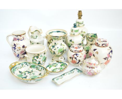 A group of Mason's "Chartreuse" pattern decorated ware including two jugs and a lamp base, also two "Mandalay" pattern ginger