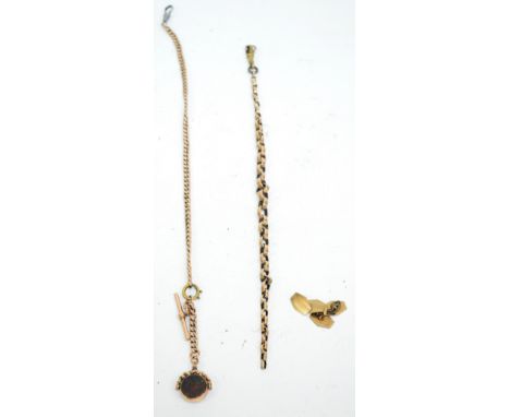 A 9ct rose gold swivel fob set with hard stones, suspended on a 9ct rose gold Albert curb chain (link and catch of base metal