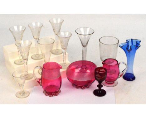 A group of various drinking glasses including a late 18th century wine glass with trumpet bowl and air twist decorated stem, 