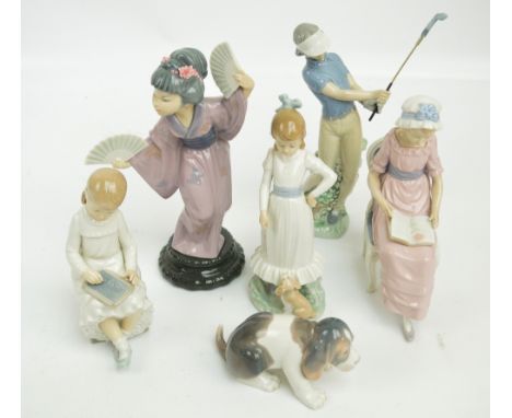 Three Lladro figures; a seated lady reading a book, a Japanese lady with fans, and a puppy, and three Nao figures; a golfing 