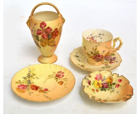 Five pieces of Royal Worcester blush ivory floral decorated wares including a vase with loop handle, a cup and saucer, and a 