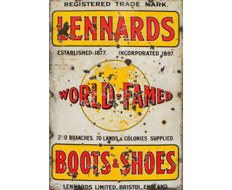 An early 20th century red, yellow and black enamel sign for Lennards World-Famed Boots And Shoes, 108 x 75cm.