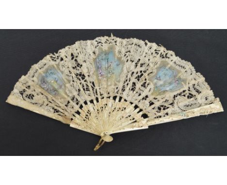 A 19th century European folding fan with pierced carved and gilt heightened guards with floral motifs, with matching shaped s