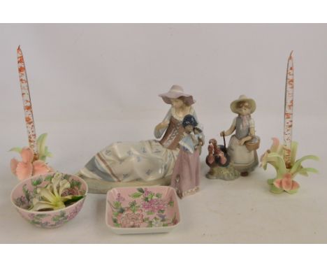 A small quantity of ceramics including a Lladro figure of a girl with turkeys, a Lladro figure of a girl with a baby (af), an