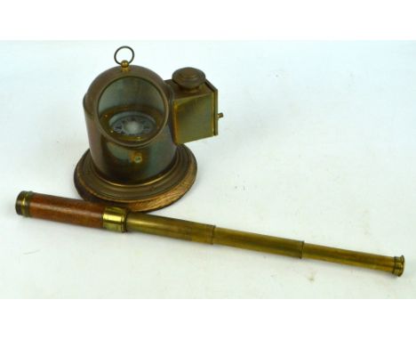 A brass and wood three draw telescope inscribed "Jones, 87 Goswell Street, London" and a brass marine compass on a gimbal wit