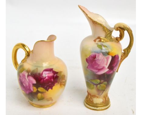 A Royal Worcester hand painted rose decorated jug with scrolling handle and angled spout, puce printed marks, numbered 1587, 
