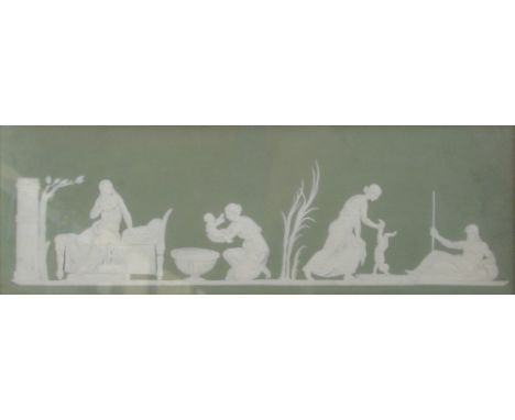 Two Wedgwood jasperware rectangular plaques; one in green depicting scenes from the life of Achilles, 15 x 45.5cm, the other 