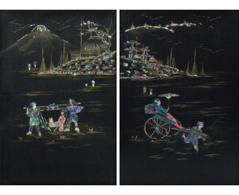 A pair of Japanese lacquer, mother of pearl inlaid and gilt heightened rectangular panels depicting figural landscapes, one w