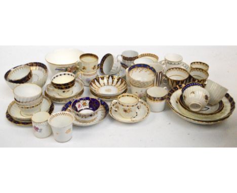 A matched set of Worcester porcelain teaware with blue floral transfer decorated and gilt heightened rims to include predomin