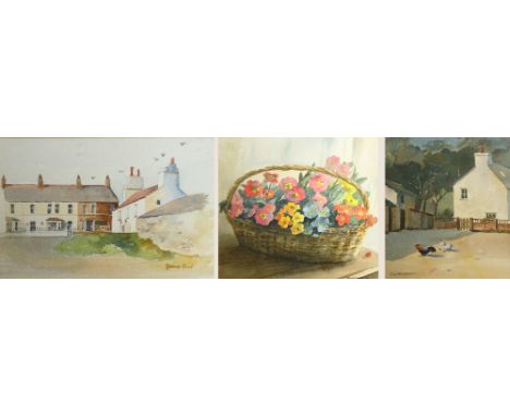 JOHN WOLSTENCROFT; watercolour, chickens in a yard by a cottage, signed lower left, 24 x 18cm, PETER ROBINSON; watercolour, a