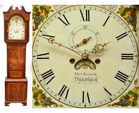 An early 19th century mahogany and inlaid longcase clock, the broken swan neck pediment above repainted arched dial with roll