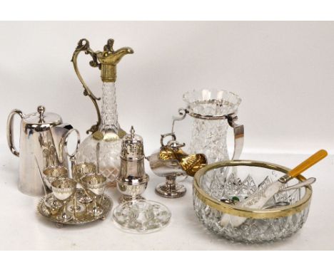 A group of electroplated items to include a Sheffield hot water jug, a baluster sugar caster by Barker Ellis, a clear cut gla