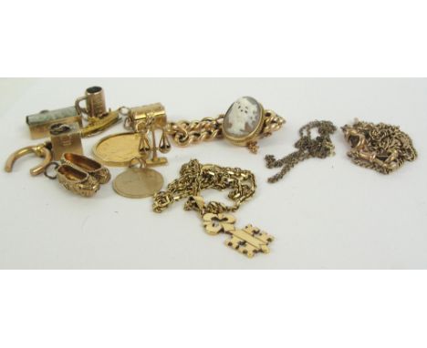 A group of various gold items to include an 18ct yellow gold pendant modelled as a key on 9ct gold chain, a 9ct pocket watch 