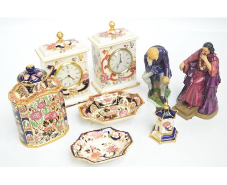 Two Mason's "Mandalay" pattern decorated clocks, a "Penang" pattern decorated tea caddy and dish, a further smaller example, 