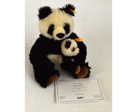 A Steiff Cha Cha panda mother and cub, no.660818, retailed by Danbury Mint, with yellow and red tags to ears and Steiff swing