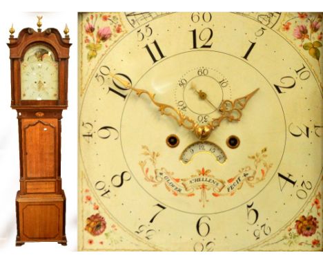 An early 19th century oak and mahogany crossbanded longcase clock, the broken swan neck pediment above arched painted dial se