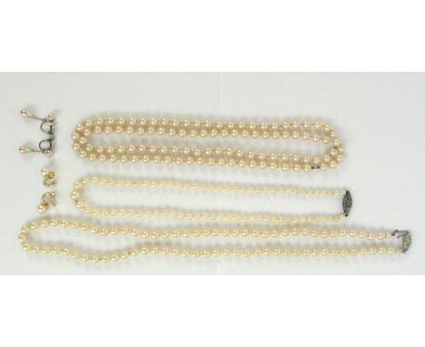 Three simulated pearl bead necklaces to include one with silver marcasite set clasp, and two pairs of similar yellow metal mo